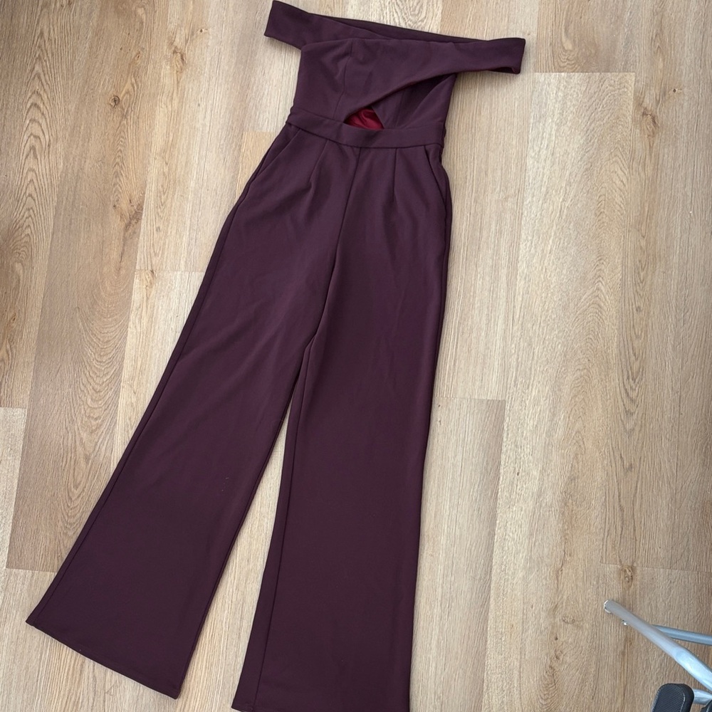 Tobi Plum Off-Shoulder Wide-Leg Jumpsuit